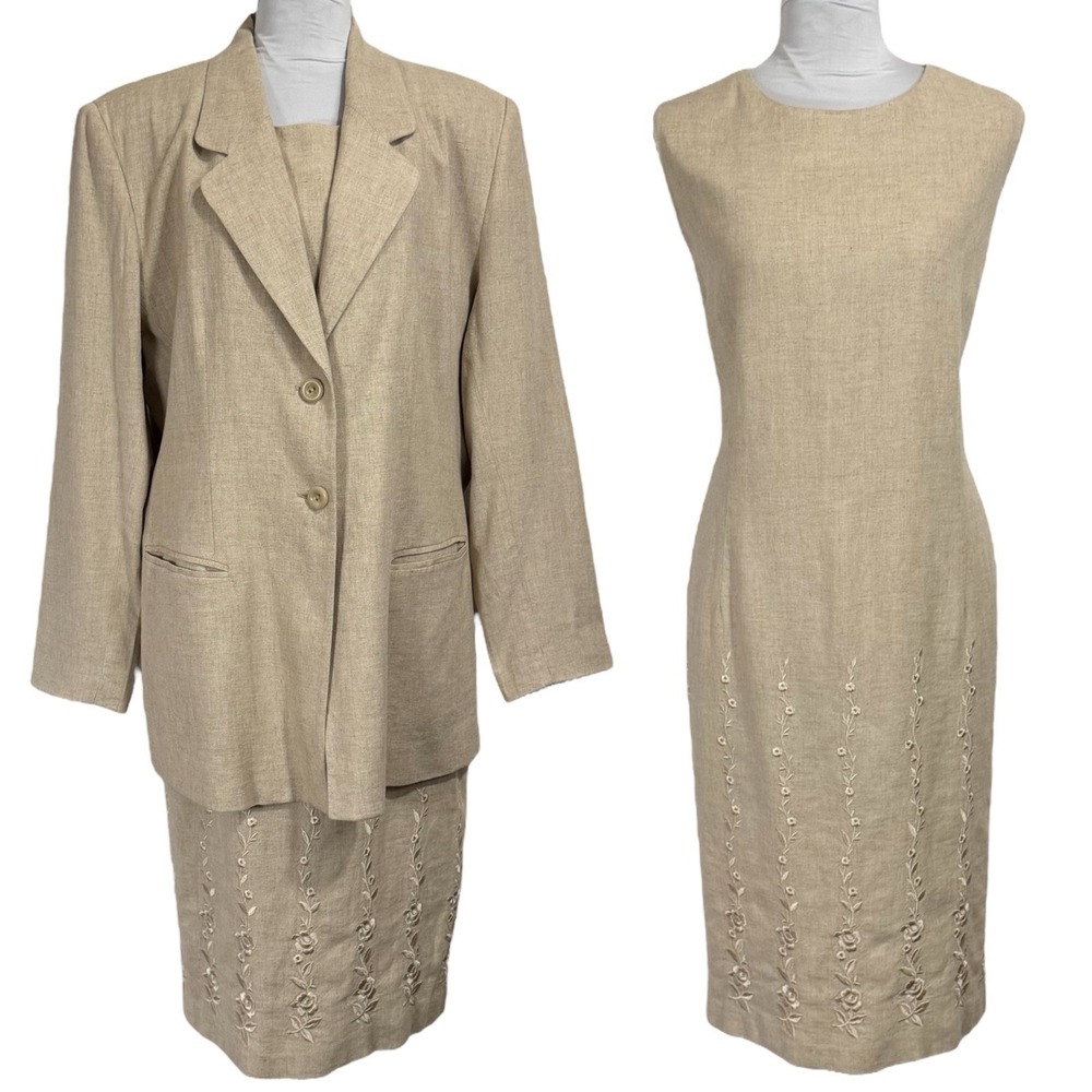 90s Sag Harbor Linen Dress Suit 2 Pc Embroidered Sheath Dress long Jacket Size L